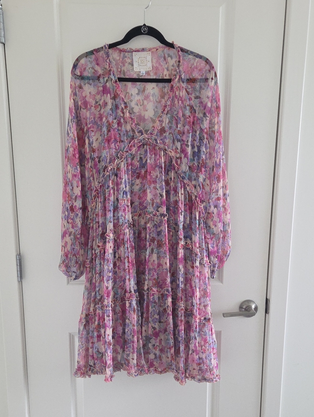 Johnny Was Pink Floral Sheer Ruffle Tiered Long Sleeve Dress